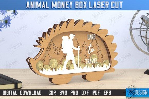 Hedgehog Laser Cut Money Box Laser cut money box shaped like a hedgehog with engraved details and a hiker silhouette inside