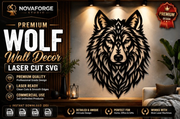 Wolf Laser Cut Wall Decor Intricate laser cut wall decor of a wolf silhouette with detailed fur design in black material
