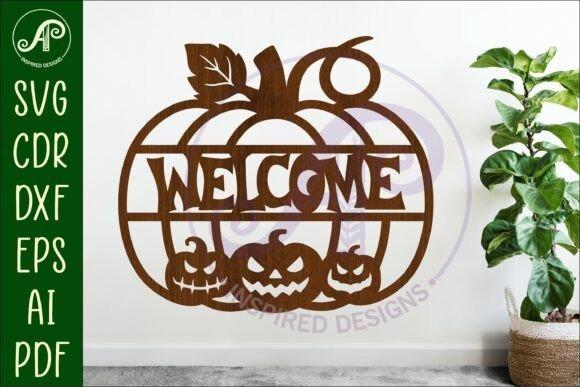 Wooden Laser Cut Halloween Welcome Sign — wooden laser cut Halloween signs Wooden laser cut Halloween signs featuring a pumpkin-shaped welcome sign with carved pumpkins and leaves
