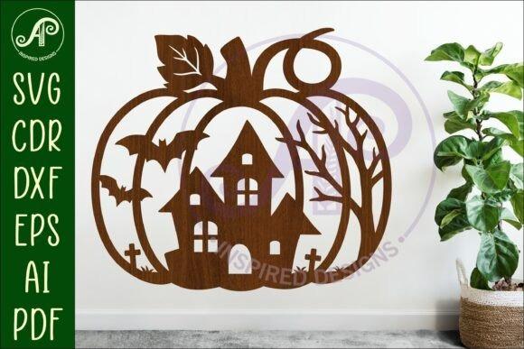 Haunted Pumpkin Wooden Sign — wooden laser cut Halloween signs Wooden laser cut Halloween signs featuring a haunted house, bats, and graveyard inside a pumpkin silhouette