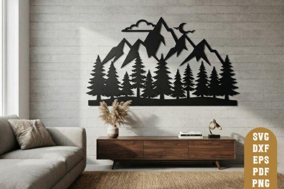 Wooden Laser Cut Mountain Wall Art — wooden laser cut wall decor Wooden laser cut mountain wall art with minimalist landscape silhouette above modern console — wooden laser cut wall decor