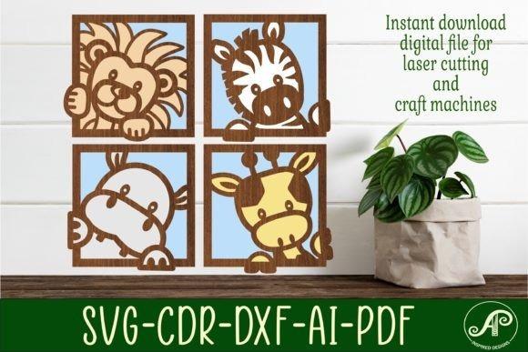 Safari Animal Laser Cut Wall Decor Laser cut wall decor featuring four safari animal silhouettes in square frames including lion, zebra, hippo, and giraffe