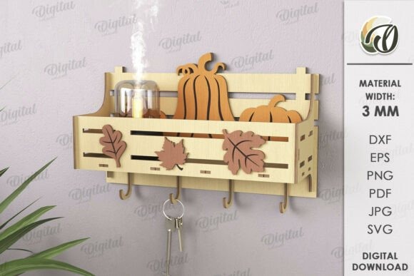 Laser Cut Key and Mail Organizer — laser cut decor ideas Laser cut decor ideas wall-mounted key and mail organizer with autumn leaf cutouts and pumpkin decorations