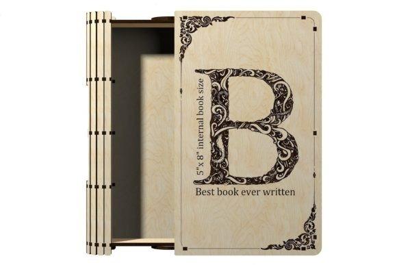 Laser Cut Wood Box Slider Book Laser cut wood box designed as a slider book box with decorative letter B and intricate corner patterns