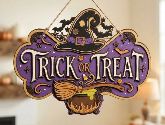 Trick or Treat Halloween Sign — halloween laser cut designs Trick or Treat Halloween sign with witch hat, broom, cauldron, bats, and decorative flourishes — halloween laser cut designs