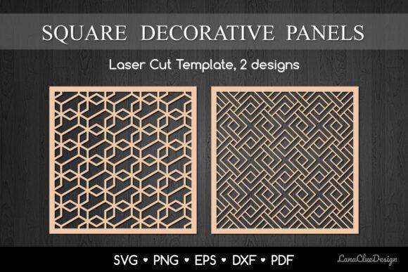 Square Geometric Laser Cut Panels — modern laser cut panels Two square modern laser cut panels with geometric patterns on a dark background