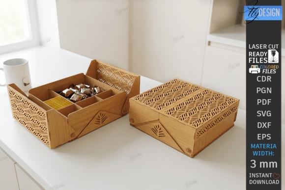 Laser Cut Wooden Box Laser cut wooden box with intricate leaf pattern, open showing compartments for tea and chocolates