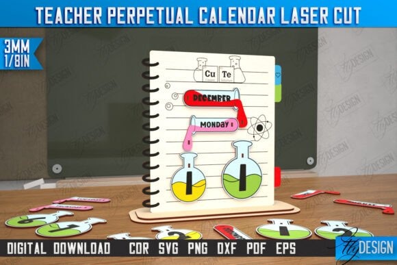 Teacher Desktop Perpetual Calendar Design — laser cut perpetual calendar designs laser cut perpetual calendar designs showing a teacher desktop calendar with colorful chemical flask date markers on a