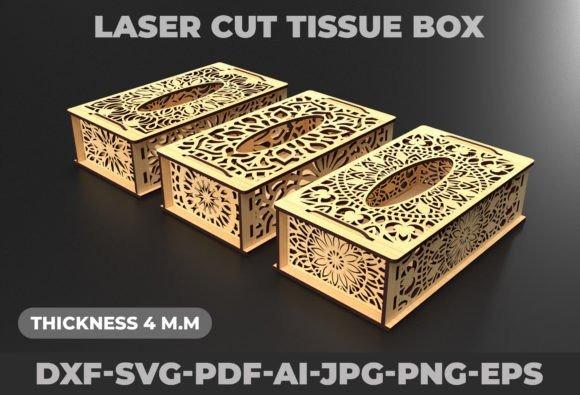 Tissue Box Laser Cut Designs Three tissue box laser cut designs with intricate floral and geometric patterns and oval openings on top