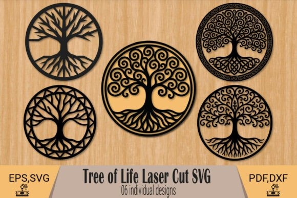 Wooden Laser Cut Wall Decor Trees Wooden laser cut wall decor featuring five circular Tree of Life designs with intricate branches and roots