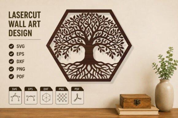 Geometric Tree Laser Cut Decor — laser cut wall decor Laser cut wall decor featuring a geometric hexagon frame with a detailed tree silhouette inside