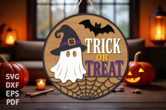Trick or Treat Laser Cut Wall Sign — Halloween laser cut wall decorations Halloween laser cut wall decorations featuring a Trick or Treat sign with ghost, bat, and spider web on wooden background