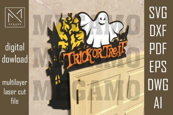 Trick or Treat Laser Cut Sign — happy halloween laser cut signs Happy Halloween laser cut signs featuring Trick or Treat with ghost, haunted house, and tree