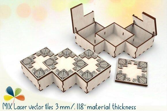 Easy Laser Cut Box Design Easy laser cut box with three compartments and decorative geometric patterns on lids