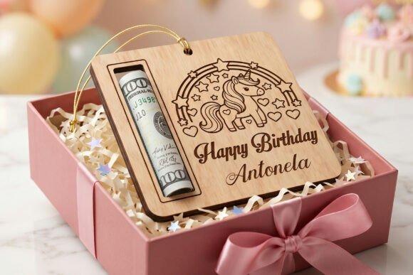 Laser Cut Card Unicorn Birthday Personalized unicorn laser cut card with Happy Birthday Antonela text and rolled dollar bill inside gift box