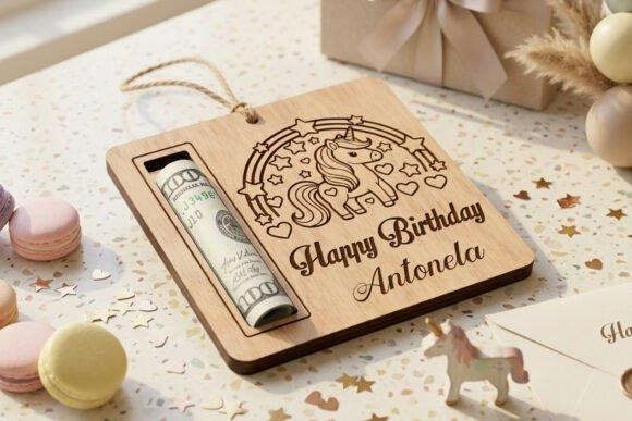 Laser Cut Card Unicorn Birthday Personalized unicorn laser cut card with Happy Birthday Antonela text and rolled bill inside