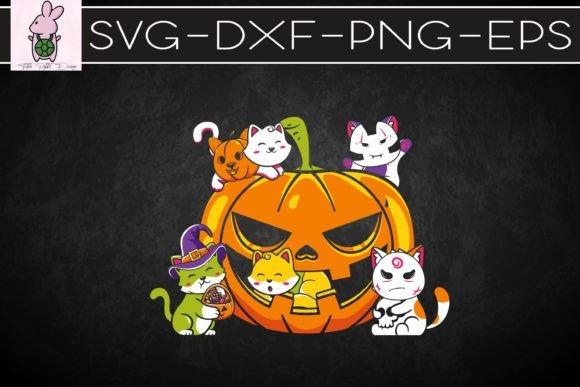 Halloween Laser Cut Designs Halloween laser cut designs featuring a carved pumpkin with five cute cat characters in various costumes around it