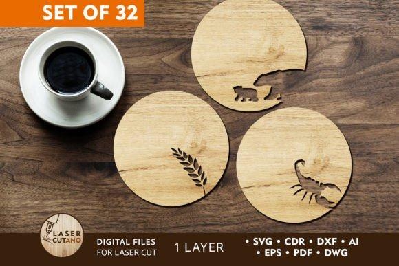Laser Cut Wood Coasters Set — laser cut wood projects Set of 32 laser cut wood coasters with engraved animal and plant designs next to a cup of coffee — laser cut wood projects