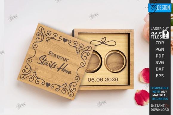 Engraved Laser Cut Box Laser cut box with engraved decorative border and text 'Forever Starts Here' with two ring holders and date 06.06.2026 inside