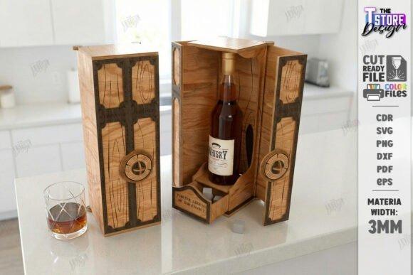 Vintage Whiskey Gift Box — laser cut gift box designs Laser cut gift box designs featuring a vintage whiskey gift box with engraved wooden panels and a bottle inside