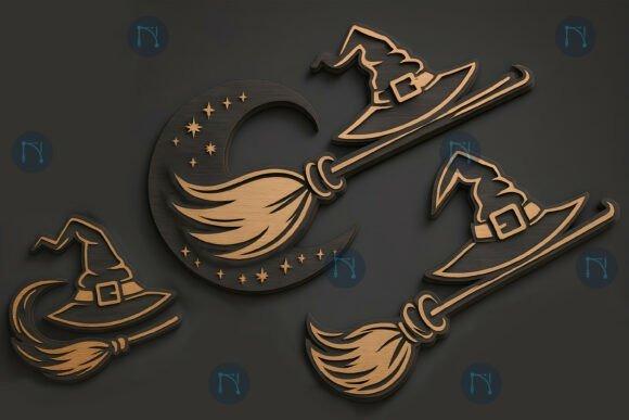 Witchy Halloween Wall Decor — Halloween laser cut wall decorations Halloween laser cut wall decorations featuring witch hats, brooms, crescent moon, and stars in wood finish