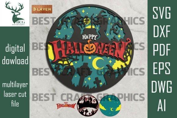Happy Halloween Laser Cut Sign — happy halloween laser cut signs Happy Halloween laser cut sign with witch hats, bats, moon, stars, and spooky graveyard — happy halloween laser cut signs