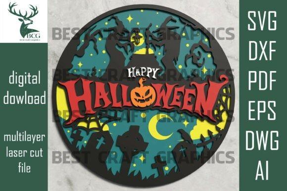 Halloween Laser Cut Sign Halloween laser cut sign with witch hands, pumpkin, bats, moon, and gravestones in layered design