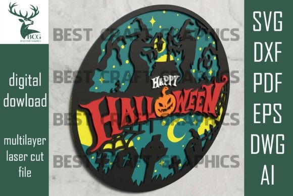 Spooky Halloween Laser Cut Sign — wooden laser cut Halloween signs Wooden laser cut Halloween signs featuring a spooky scene with witches, tombstones, and a pumpkin jack-o'-lantern