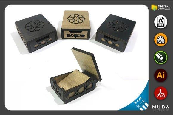 Laser Cut Wood Box Mechanism Laser cut wood box with intricate mechanism and decorative patterns, shown in closed and open positions