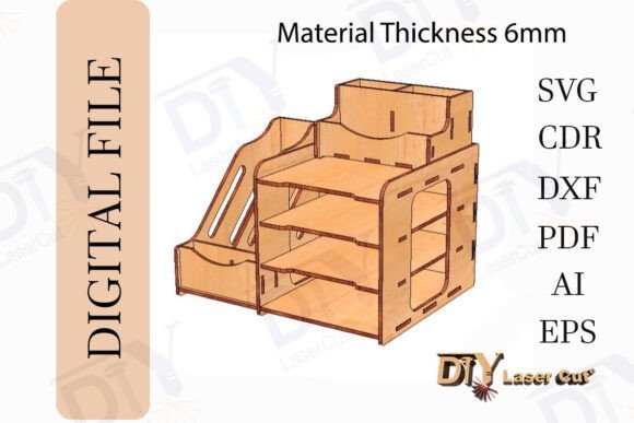Decorative File or Letter Holder — laser cut decor ideas Laser cut decor ideas showing a wooden decorative file or letter holder with multiple compartments and geometric cutouts