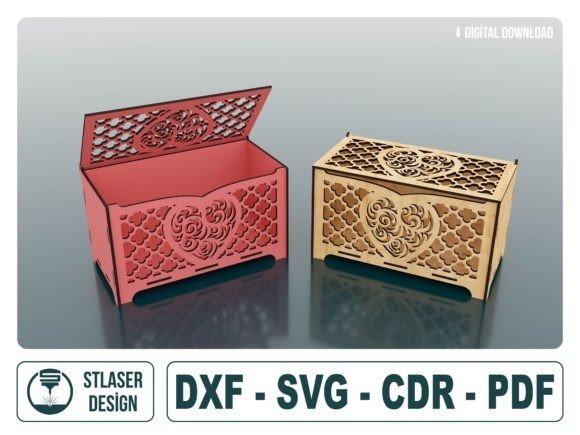 Laser Cut Wood Box Designs Two laser cut wood boxes with decorative heart and floral cutouts, one open and red, the other closed and natural wood color