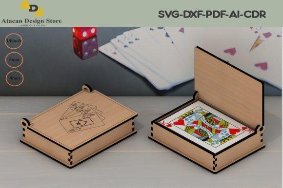 Laser Cut Wooden Playing Card Box — laser cut wooden box Laser cut wooden box designed as a playing card box with engraved card suit symbols and an open lid showing playing cards