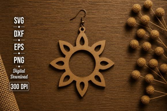 Sun-Inspired Laser Cut Jewelry Earring Laser cut jewelry sun-inspired circle earring design with eight pointed petals on wooden background