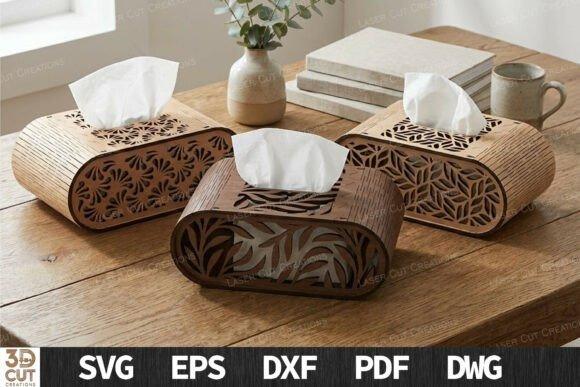 Tissue Box Laser Cut Designs Three wooden tissue box laser cut designs with intricate patterns on a wooden table