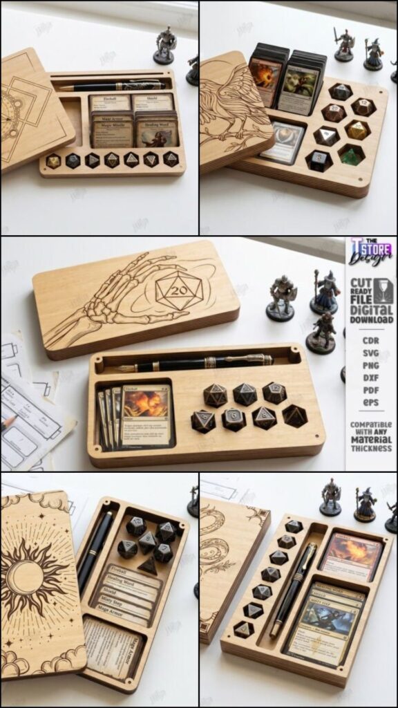 Laser Cut Wooden Box Organizer Laser cut wooden box organizer with compartments for dice, miniatures, tokens, cards, and small gaming accessories