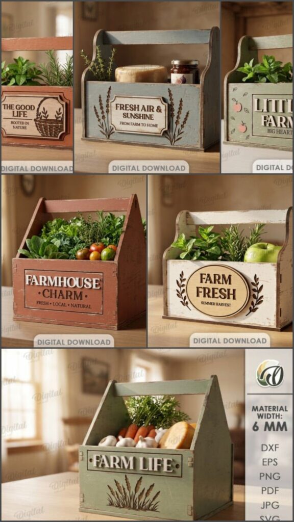 Farmhouse Crate-Style Laser Cut Box — laser cut wooden box Laser cut wooden box farmhouse crate-style designs with engraved labels for organization and decoration