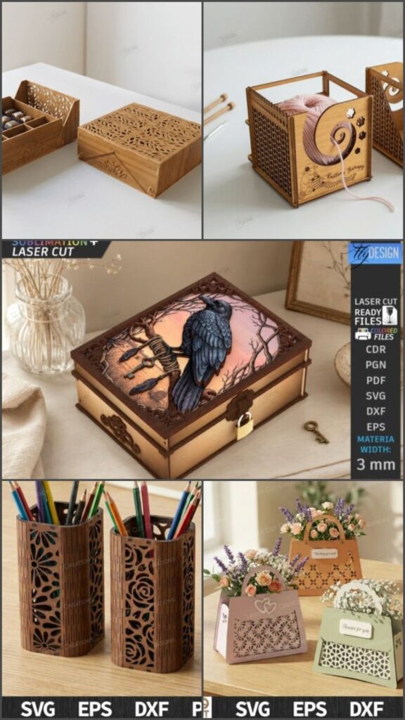 Laser Cut Wooden Box Designs Laser cut wooden box designs including decorative tissue box covers with floral and geometric patterns