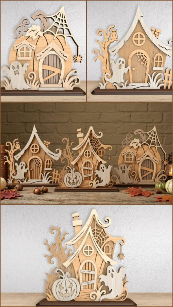 Halloween Laser Cut Haunted Village — halloween laser cut designs Halloween laser cut designs featuring haunted village houses with ghosts, pumpkins, bats, spiderwebs, and eerie woodland