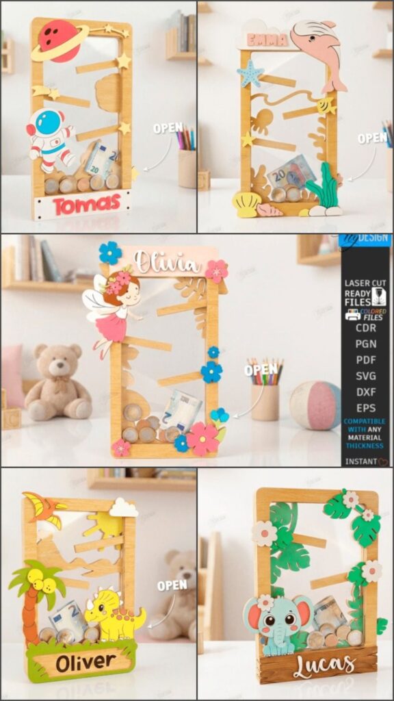 Laser Cut Money Box Designs Laser cut money box designs including astronaut, flamingo, fairy, dinosaur, and koala themes with personalized names