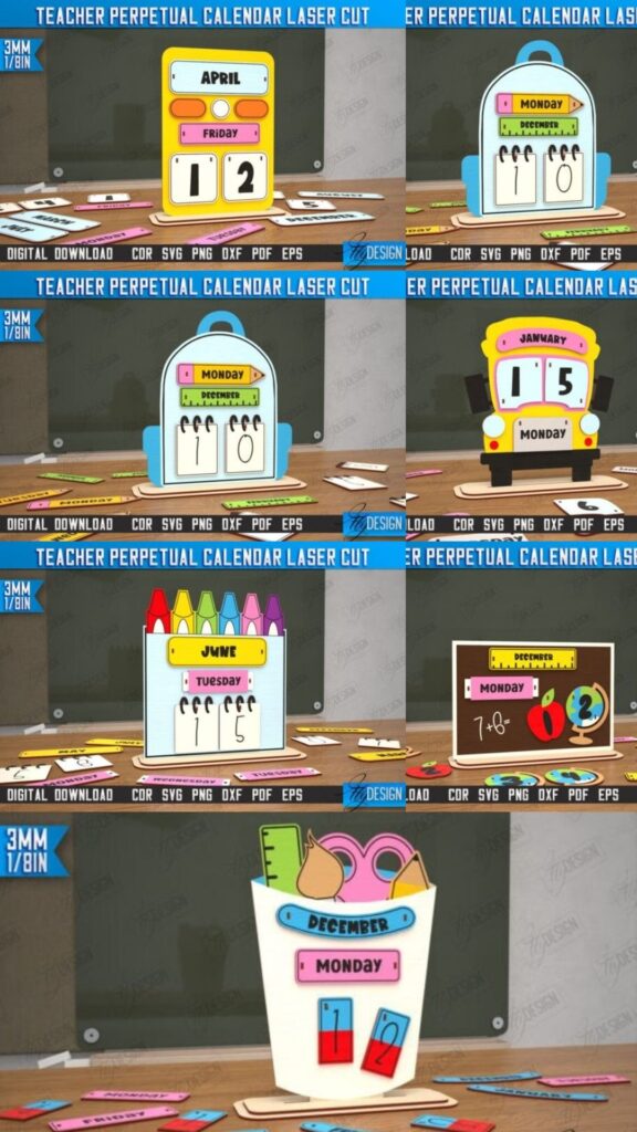 Laser Cut Perpetual Calendar Designs laser cut perpetual calendar designs showing colorful teacher desktop calendar variations with date and day blocks