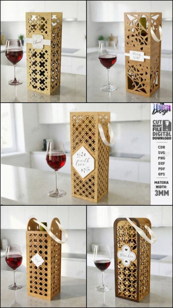 Laser Cut Wooden Box Designs Laser cut wooden box designs for wine bottle gift boxes with intricate patterns and carrying handles
