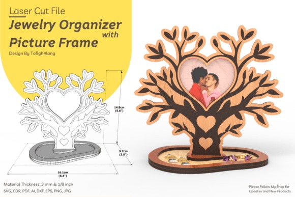 Laser Cut Jewelry Organizer — laser cut decor ideas Laser cut decor ideas featuring a tree-shaped jewelry organizer with heart cutouts and a picture frame