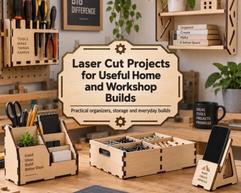 Laser cut projects for home and workshop showing wooden organizers, tool holders, and a phone stand on a workbench