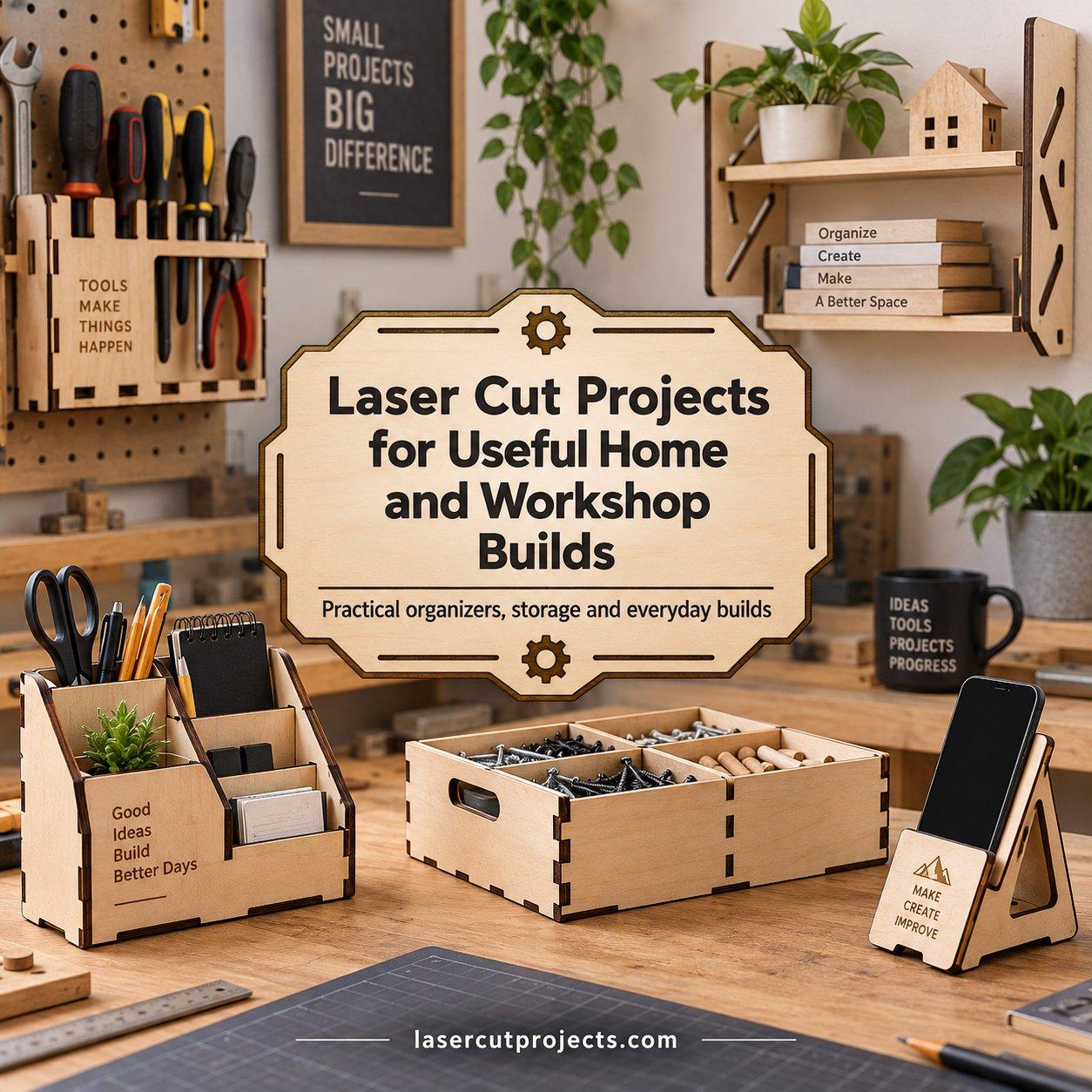 Laser cut projects for home and workshop showing wooden organizers, tool holders, and a phone stand on a workbench