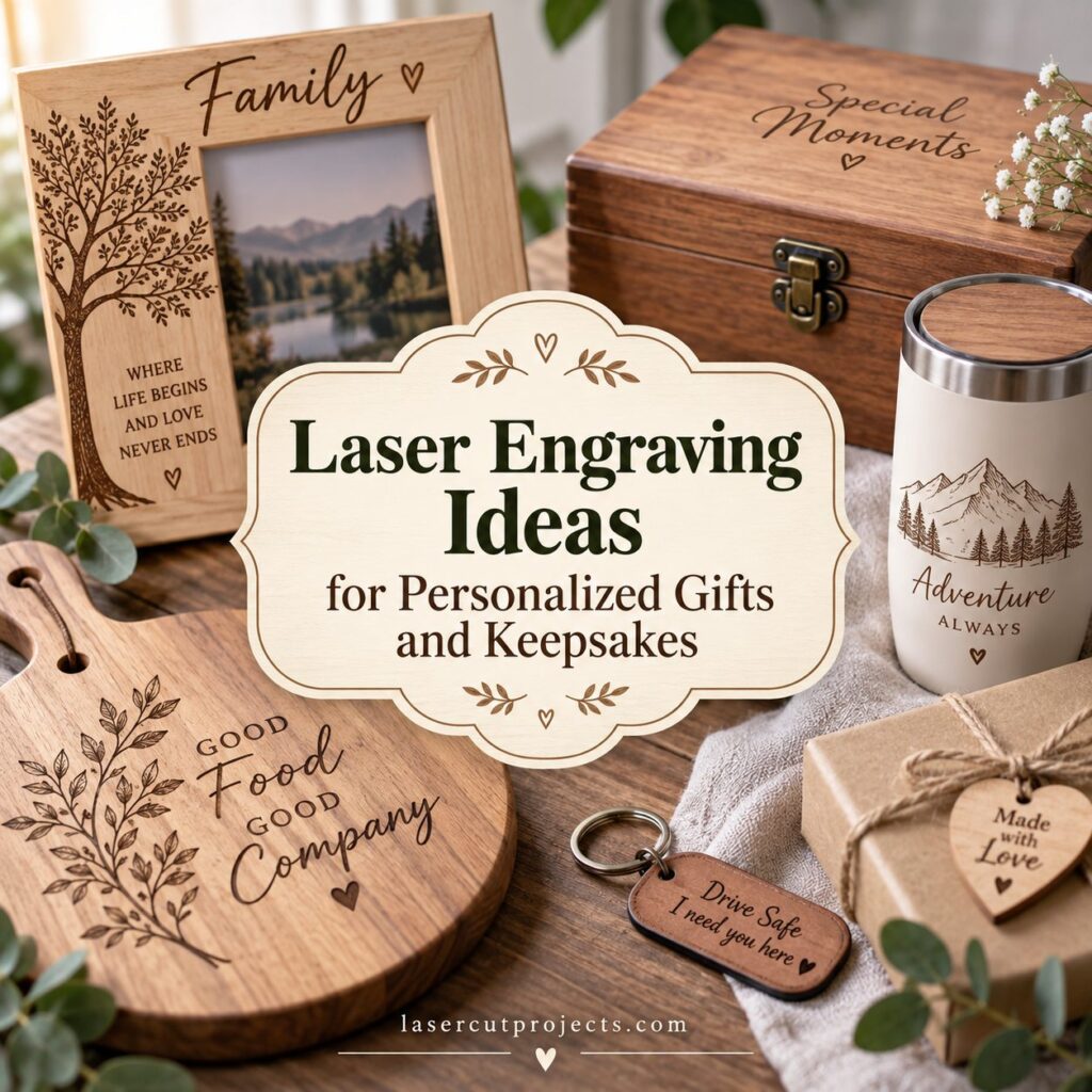personalized laser engraving gift ideas on wooden photo frame, box, cutting board, keychain, tumbler, and gift tag