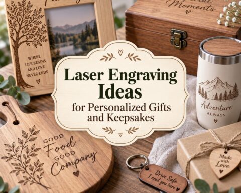 personalized laser engraving gift ideas on wooden photo frame, box, cutting board, keychain, tumbler, and gift tag