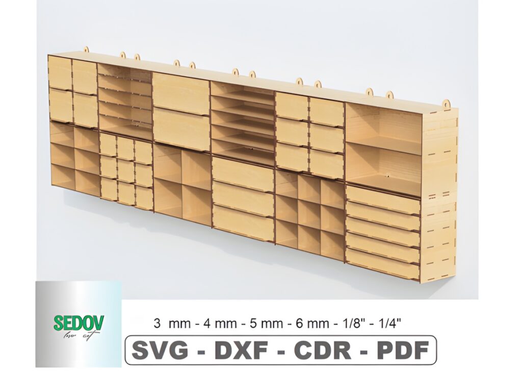 21 Laser Cut Organizer SVG Files for Home Storage Projects 9 laser cut organizer modular wall storage boxes arranged in expandable vertical layout on white background