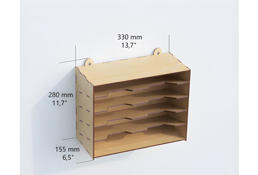 21 Laser Cut Organizer SVG Files for Home Storage Projects 8 Laser cut organizer with multiple horizontal compartments and wall mounting holes, dimensions 330x280x155 mm