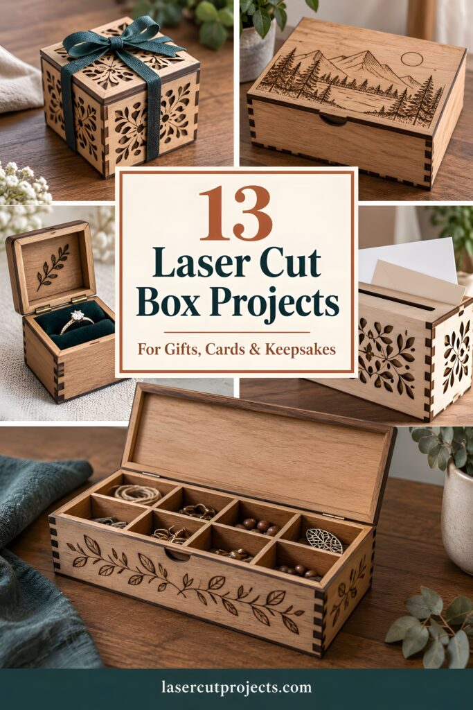 13 Laser Cut Box Projects for Cards, Keepsakes and Small Gifts 1 laser cut box projects including card holders, keepsake boxes, and jewelry boxes with decorative laser-engraved designs