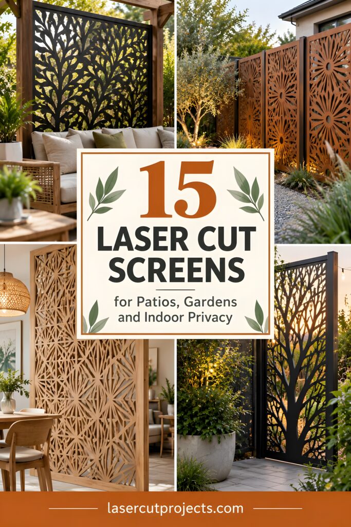 15 Laser Cut Screens for Patios, Gardens and Indoor Privacy 1 Laser cut privacy screens for patios with floral and geometric patterns in outdoor and indoor settings